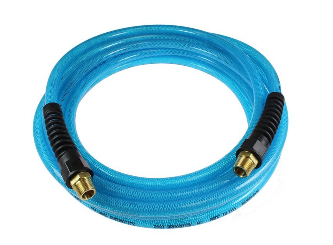 Flexeel Hose, 5/16" x 100', 1/4" MPT Reusable Strain Relief Fittings, Transparent Blue