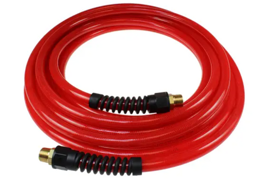 Flexeel Hose, 3/8" x 100', 1/4" MPT Reusable Strain Relief Fittings, Transparent Red